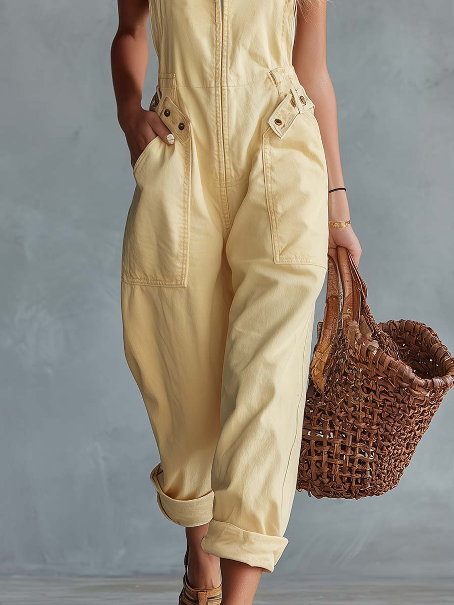 Léa - Combinaison en Denim Délavé Jaune Pâle