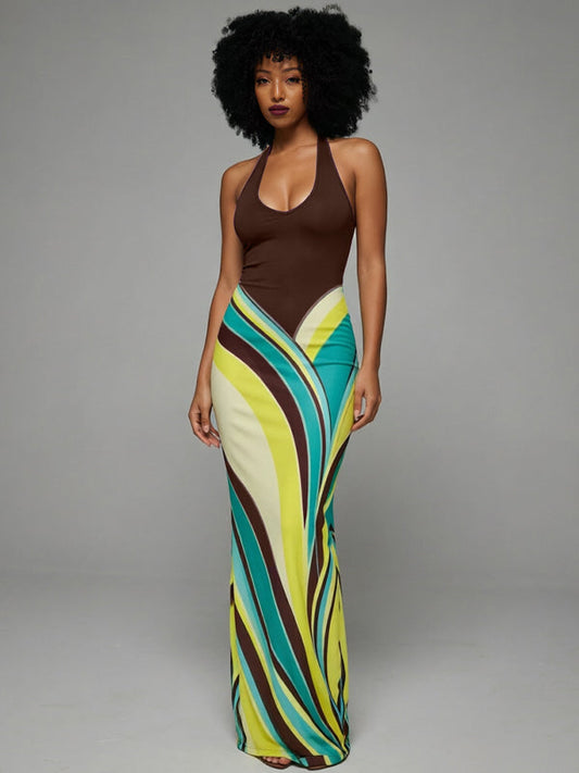 Amara - Robe Longue Dos-Nu à Imprimé Multicolore