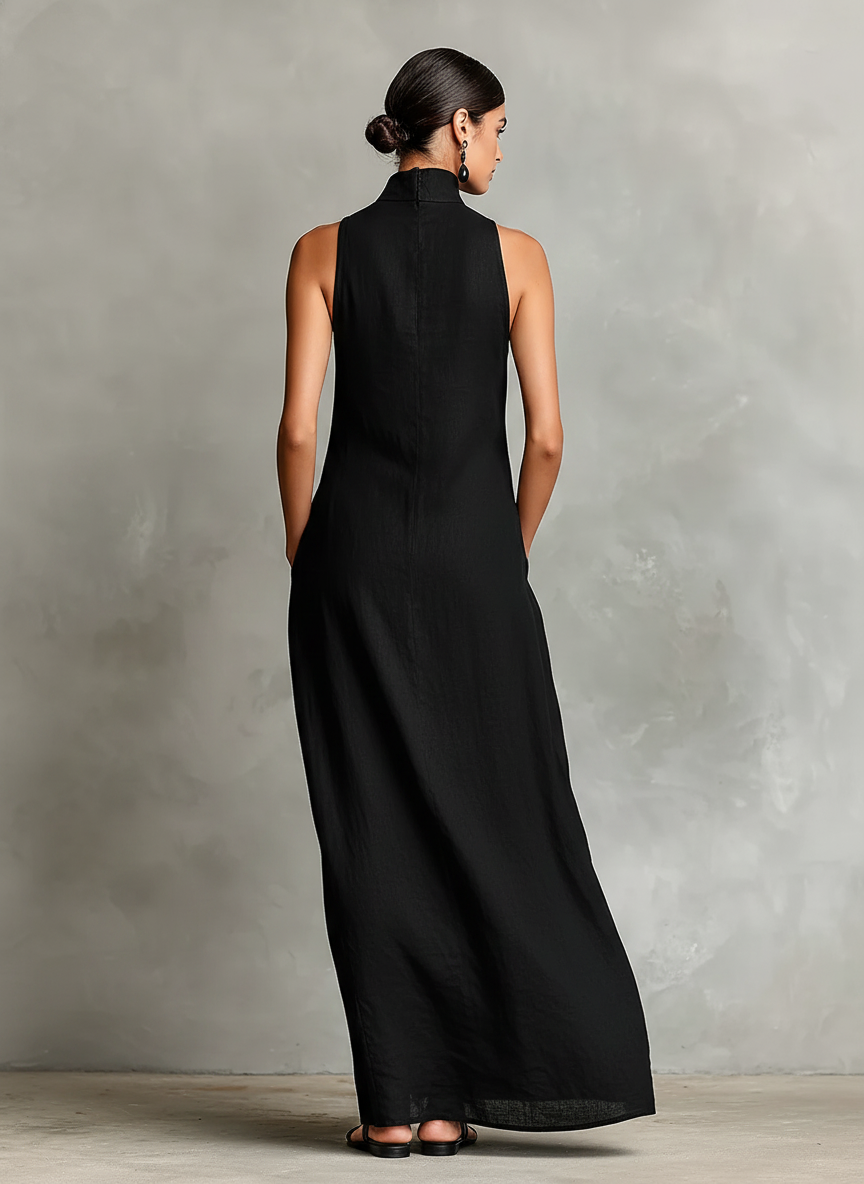 Éva - Robe Longue Col Montant en Lin avec Poches