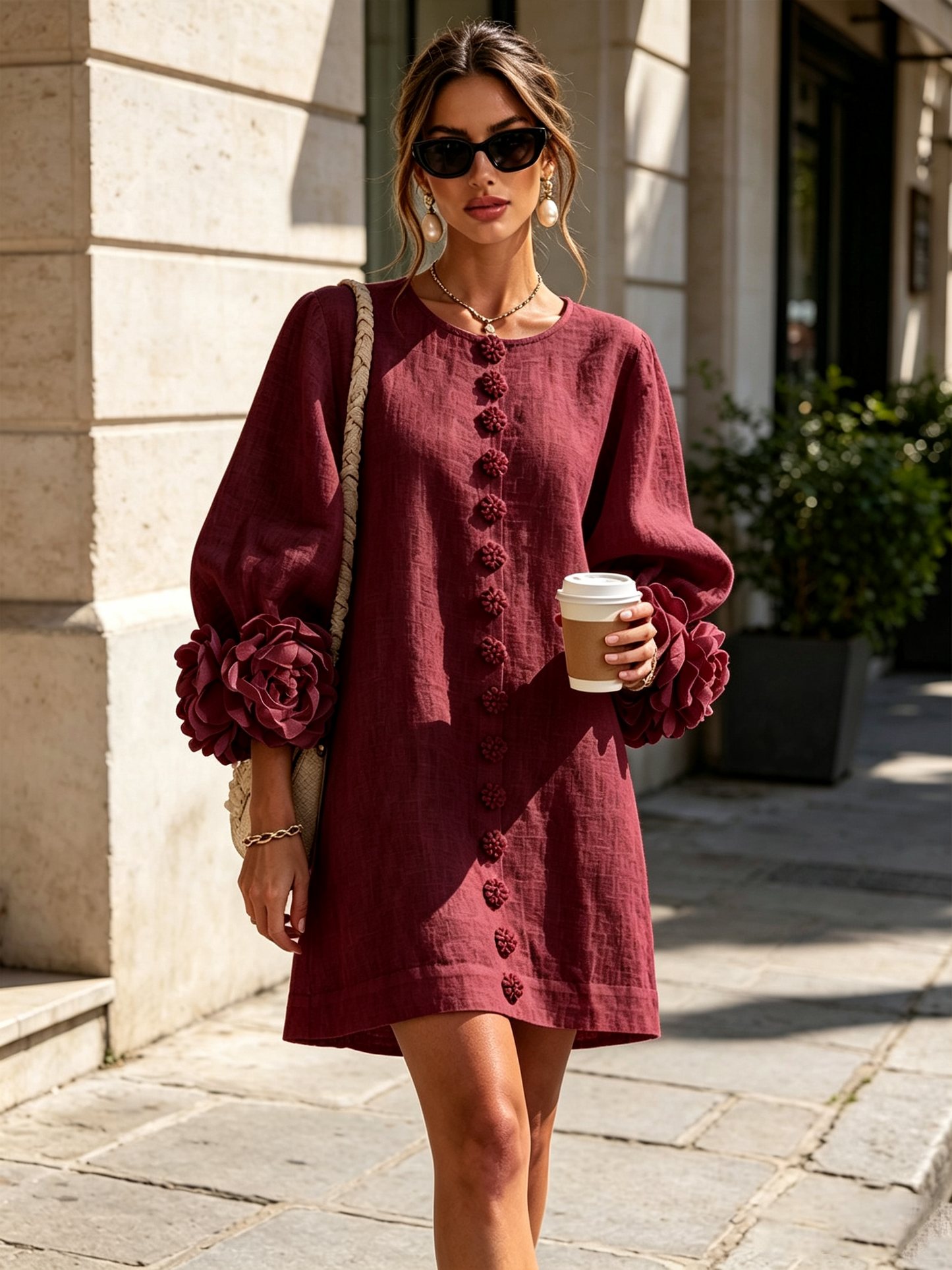 Lolita — Robe Courte à Boutons & Manchettes Fleuries