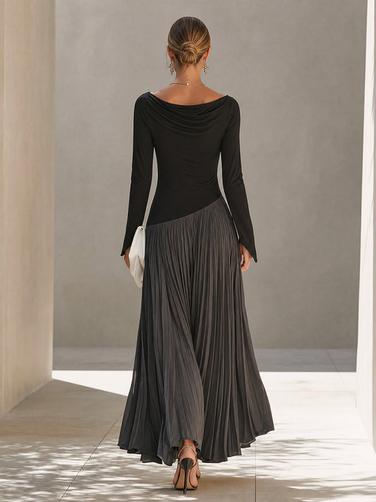 Victoria — Robe Longue Drapée Noir & Gris