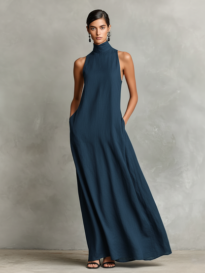 Éva - Robe Longue Col Montant en Lin avec Poches
