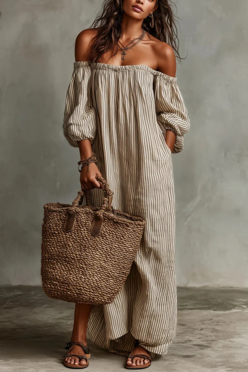Camille - Robe Longue Bohème Rayée Épaules Dénudées