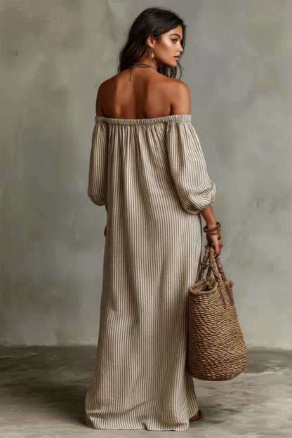 Camille - Robe Longue Bohème Rayée Épaules Dénudées
