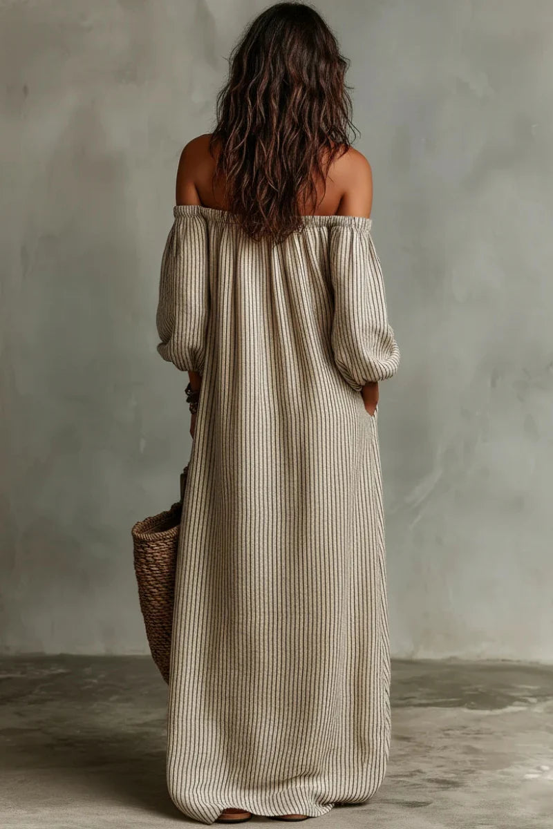 Camille - Robe Longue Bohème Rayée Épaules Dénudées