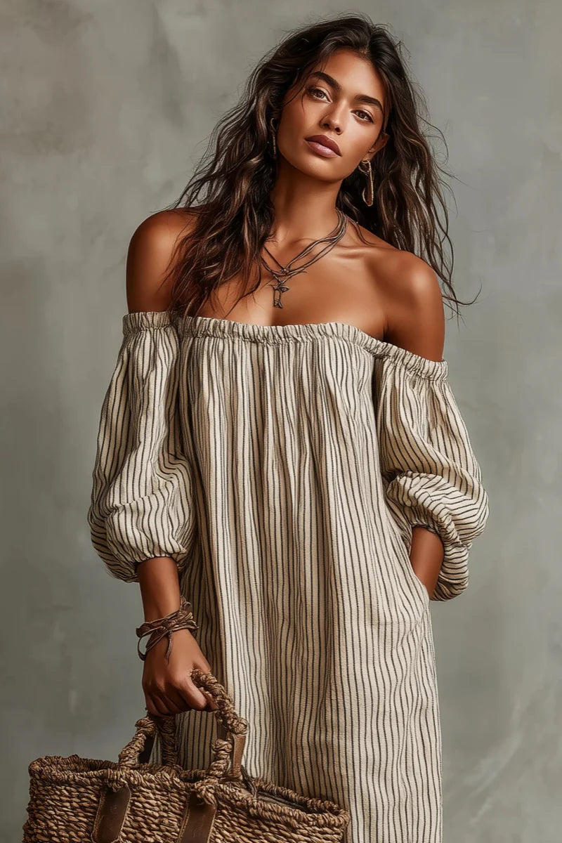 Camille - Robe Longue Bohème Rayée Épaules Dénudées