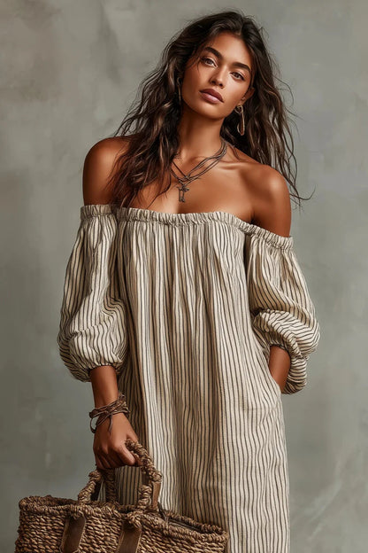 Camille - Robe Longue Bohème Rayée Épaules Dénudées