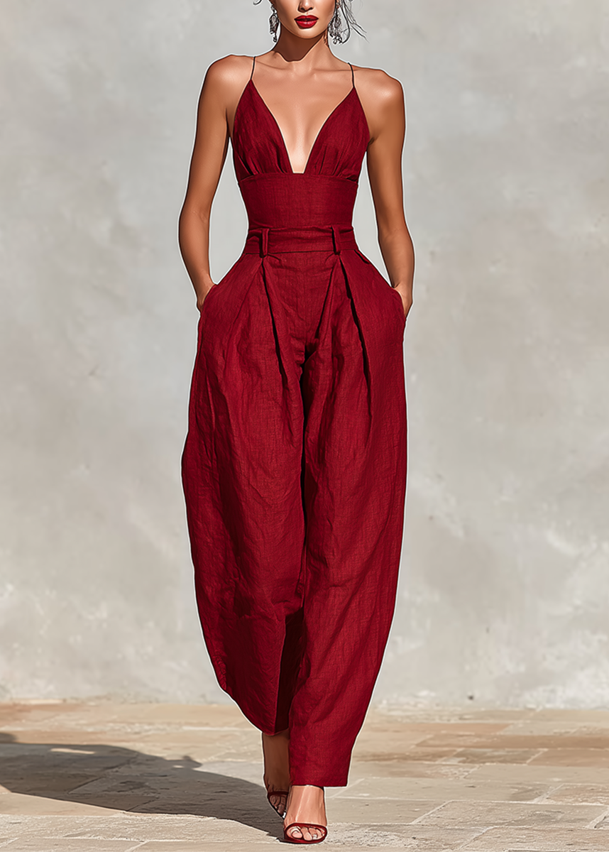 Garance - Combinaison Plissée Taille Haute Col V en Lin