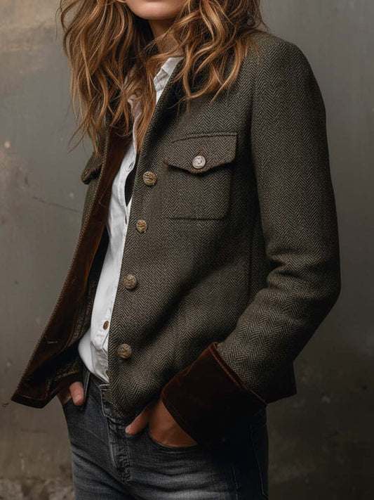 Diane – Blazer Vintage Kaki à Détails Contrastés