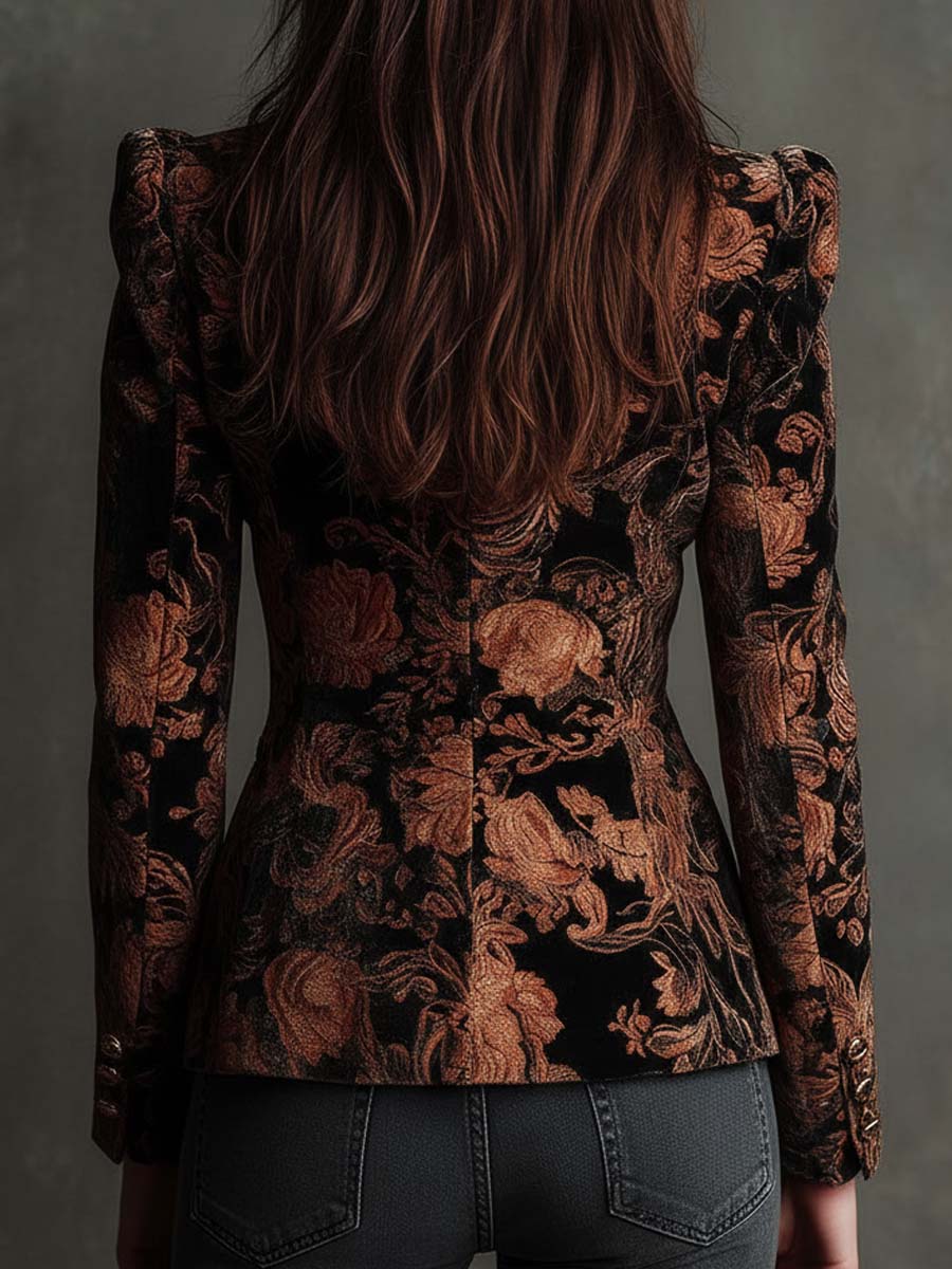 Véronique – Blazer Cintré à Motif Floral Bronze