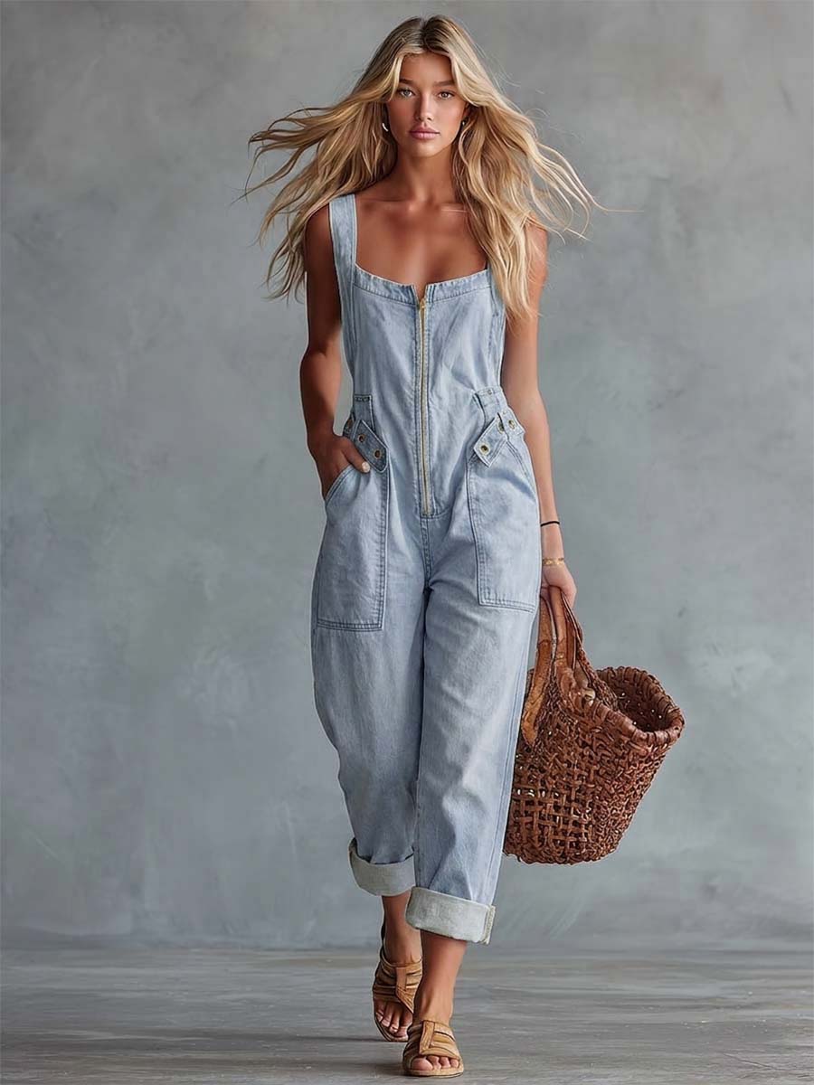 Léa - Combinaison en Denim Délavé Jaune Pâle