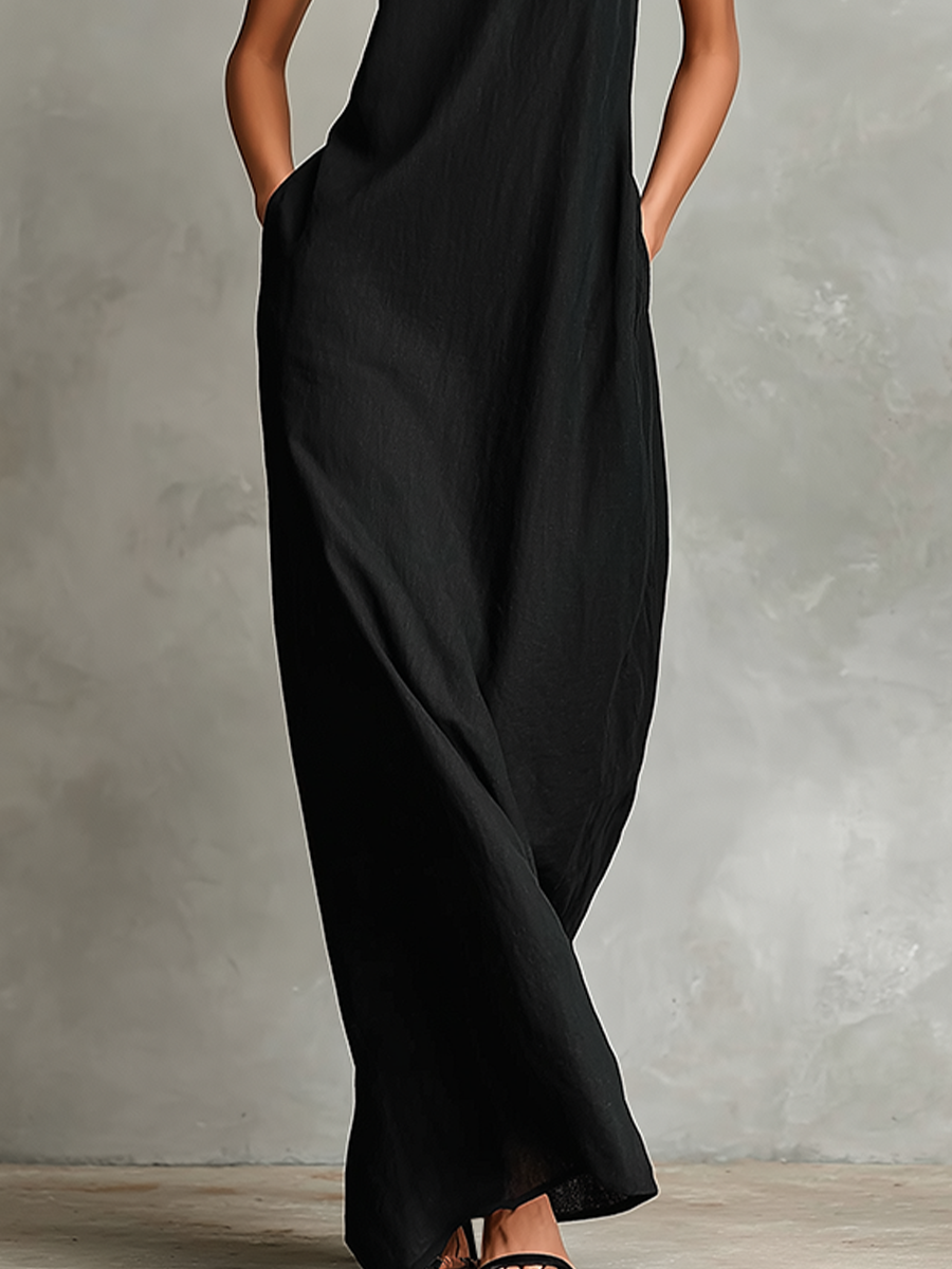 Éva - Robe Longue Col Montant en Lin avec Poches