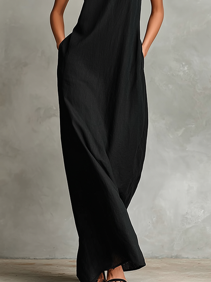 Éva - Robe Longue Col Montant en Lin avec Poches