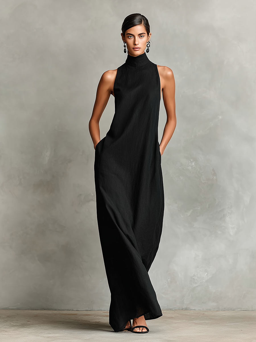 Éva - Robe Longue Col Montant en Lin avec Poches