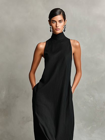 Éva - Robe Longue Col Montant en Lin avec Poches