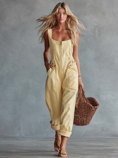 Léa - Combinaison en Denim Délavé Jaune Pâle