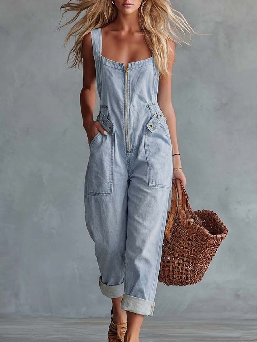Léa - Combinaison en Denim Délavé Jaune Pâle