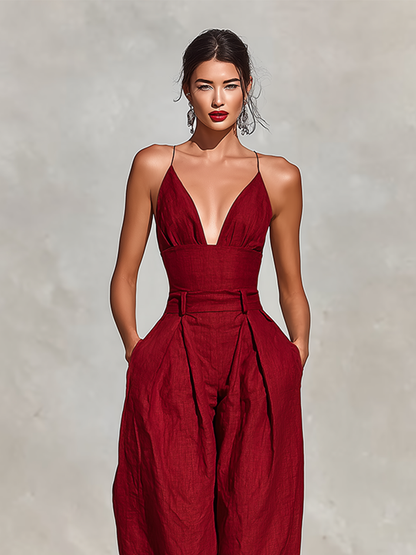Garance - Combinaison Plissée Taille Haute Col V en Lin