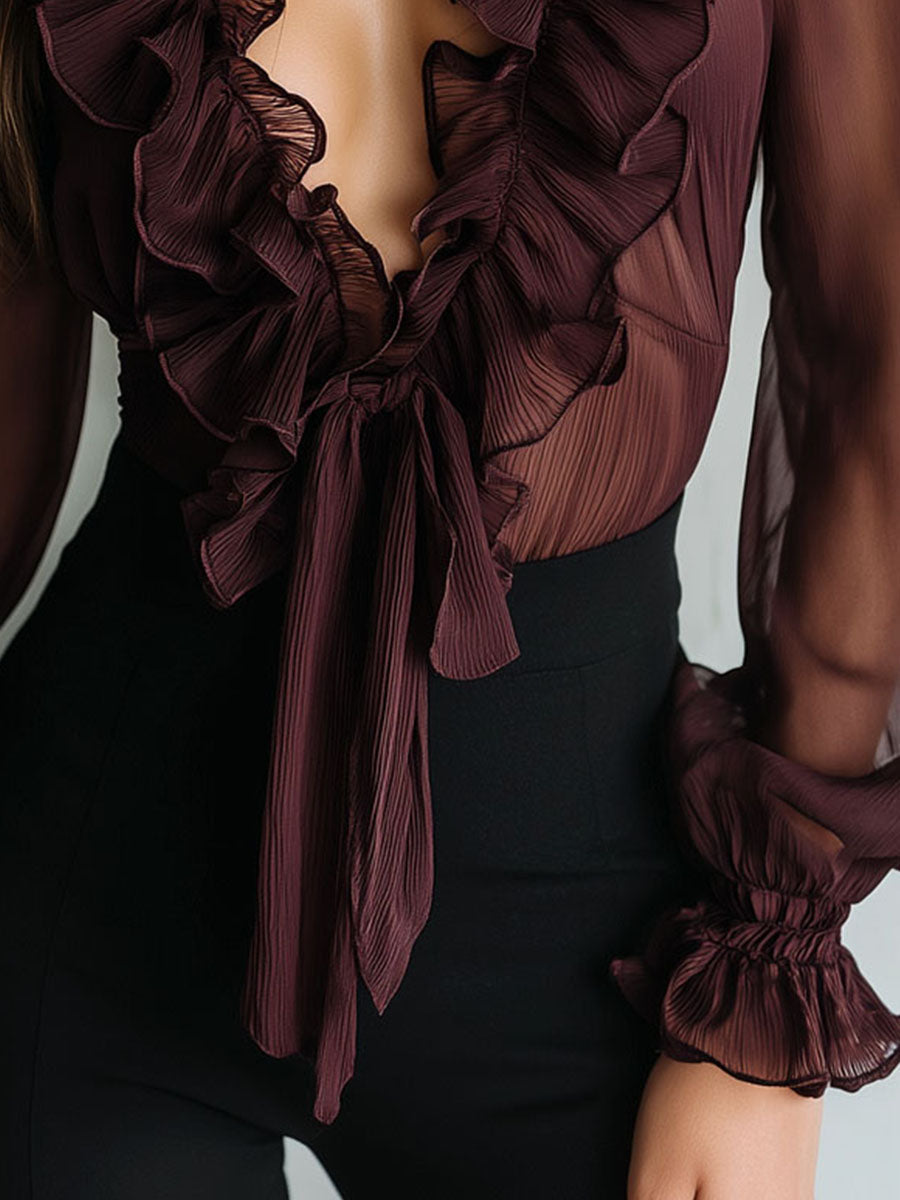 Ophélie - Blouse Rétro à Volants Col V Nouée