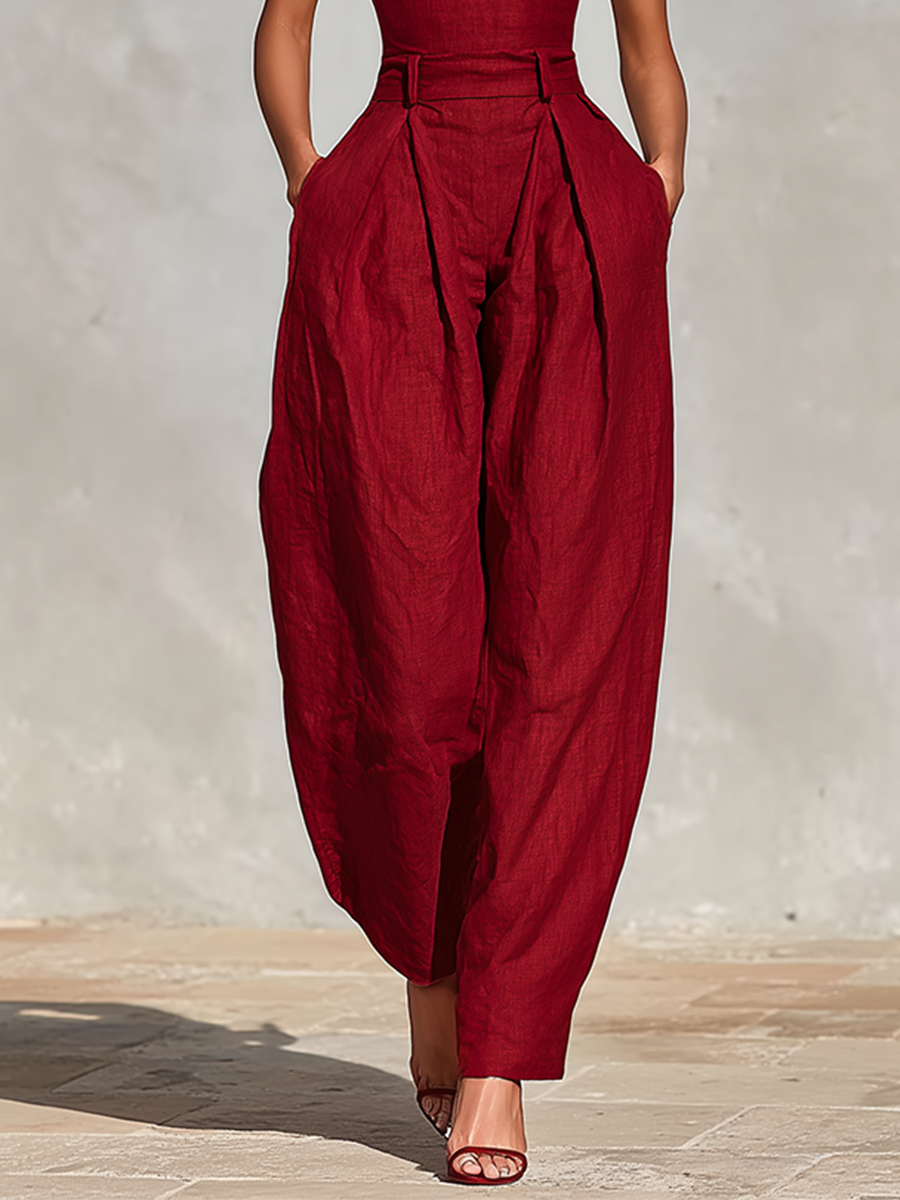 Garance - Combinaison Plissée Taille Haute Col V en Lin