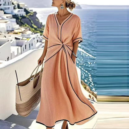 Olympia - Robe Fluide Élégante Col V & Drapé Taille