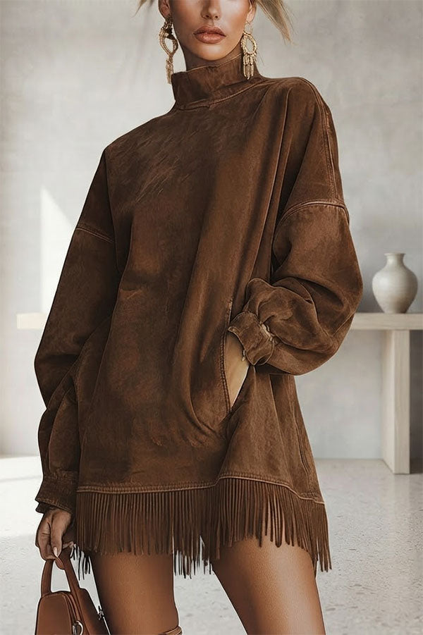 Astrid - Robe Effet Daim à Col Montant et Franges