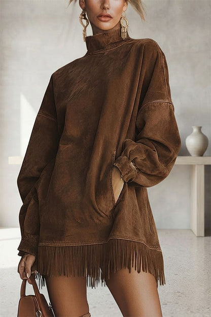 Astrid - Robe Effet Daim à Col Montant et Franges