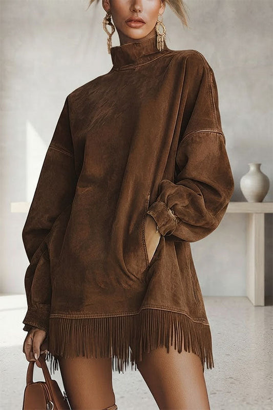Astrid - Robe Effet Daim à Col Montant et Franges