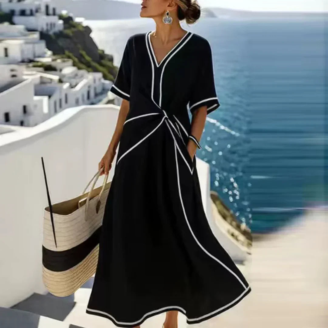 Olympia - Robe Fluide Élégante Col V & Drapé Taille