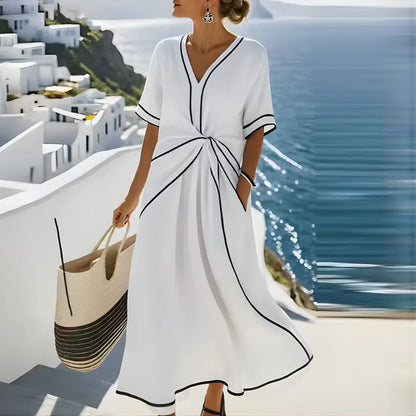 Olympia - Robe Fluide Élégante Col V & Drapé Taille