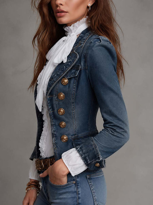Yvonne – Veste en Jean Courte à Boutons Dorés