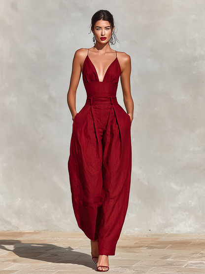 Garance - Combinaison Plissée Taille Haute Col V en Lin