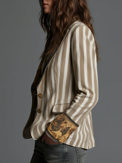 Rosanna – Blazer Rayé à Col et Poignets Imprimés