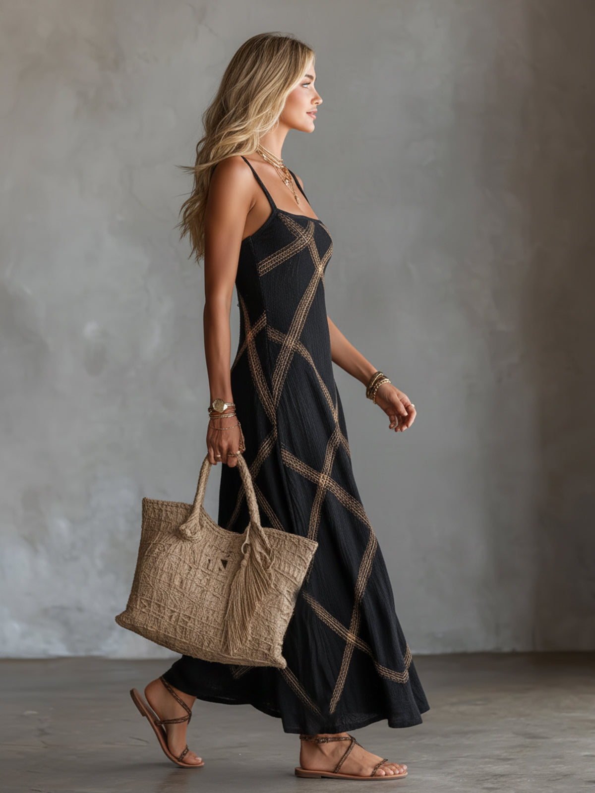 Emma - Robe Longue Imprimé Géométrique Encolure Carrée