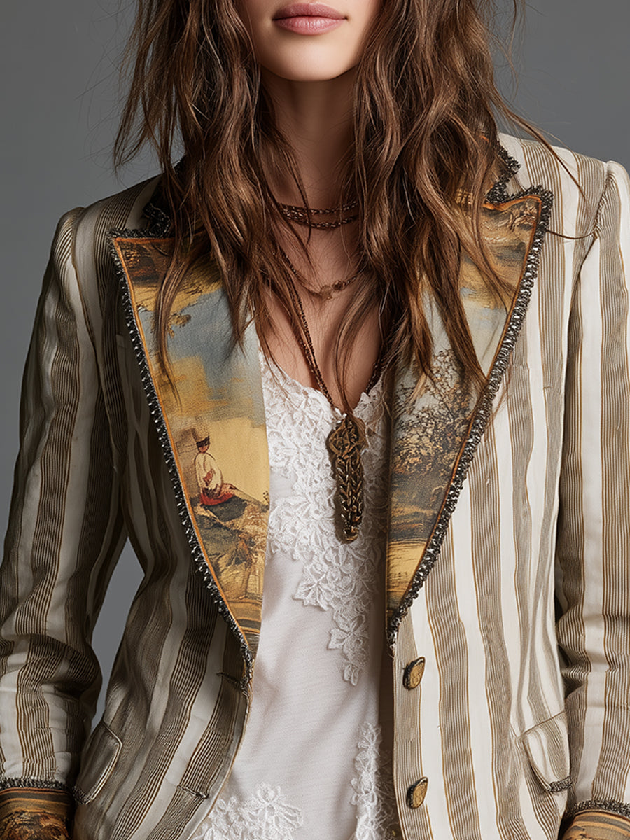 Rosanna – Blazer Rayé à Col et Poignets Imprimés