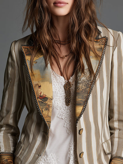 Rosanna – Blazer Rayé à Col et Poignets Imprimés