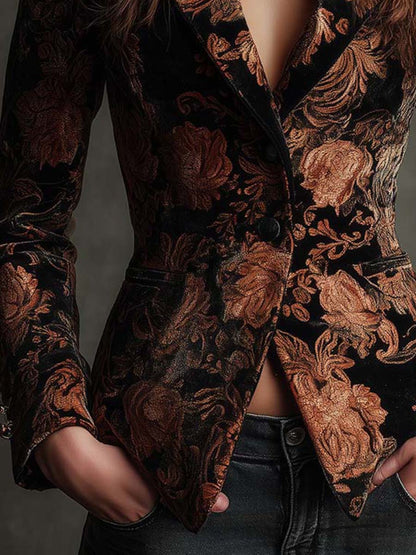 Véronique – Blazer Cintré à Motif Floral Bronze