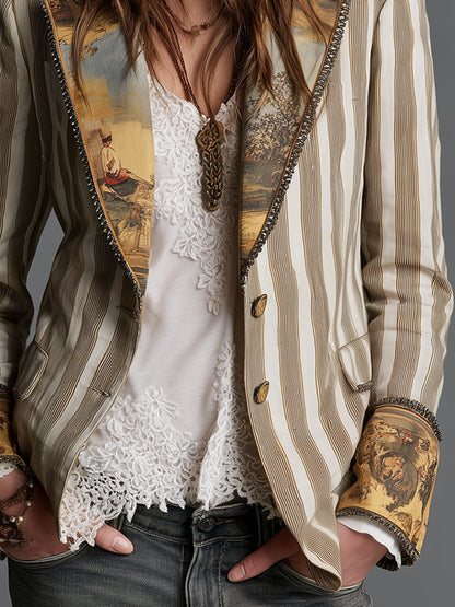 Rosanna – Blazer Rayé à Col et Poignets Imprimés