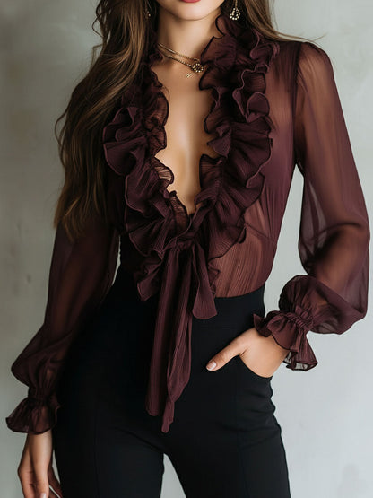 Ophélie - Blouse Rétro à Volants Col V Nouée