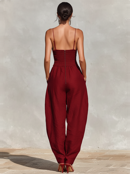 Garance - Combinaison Plissée Taille Haute Col V en Lin