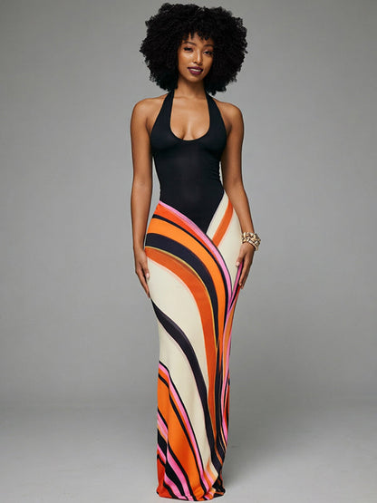 Amara - Robe Longue Dos-Nu à Imprimé Multicolore