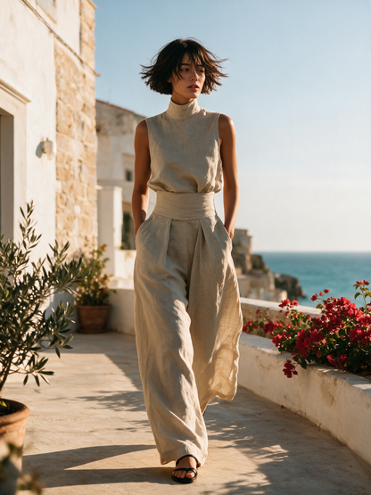Cassia - Ensemble 2 Pièces Minimaliste Blouse Sans Manches & Pantalon Large