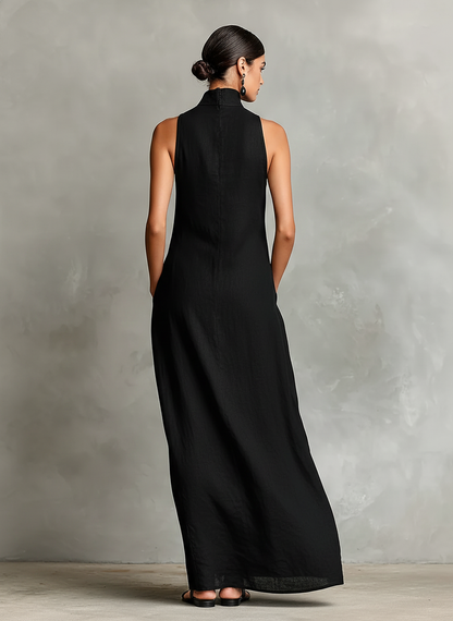 Éva - Robe Longue Col Montant en Lin avec Poches