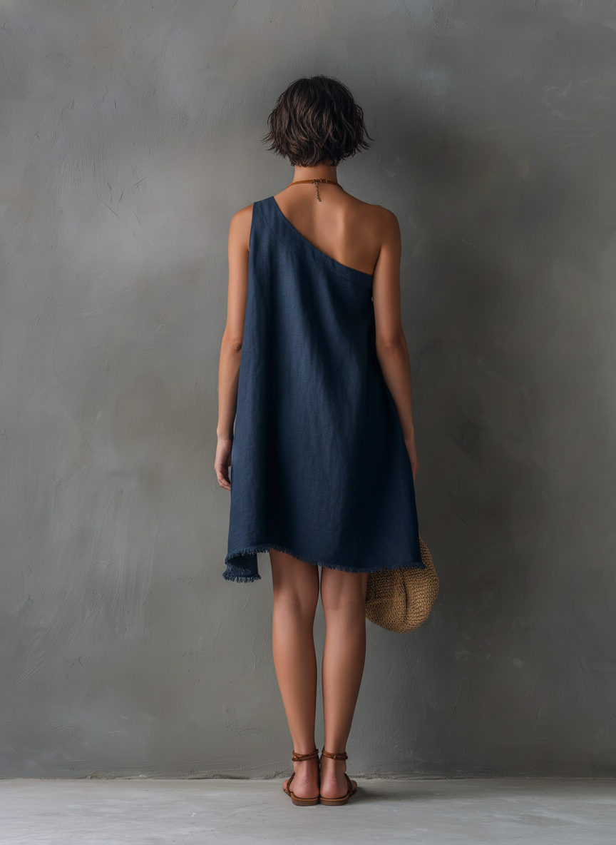 Nina - Robe Courte Asymétrique une Épaule en Lin