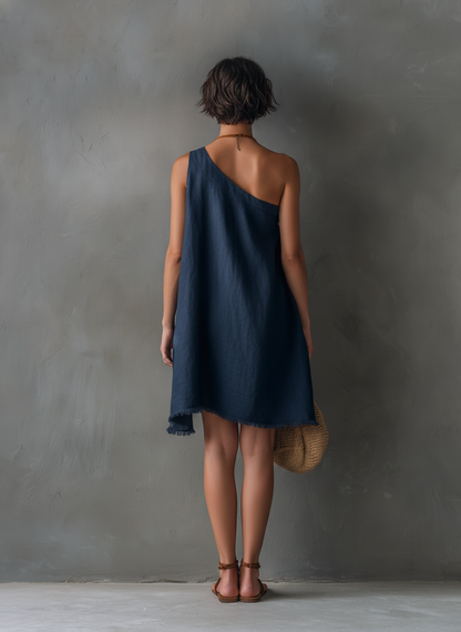 Nina - Robe Courte Asymétrique une Épaule en Lin