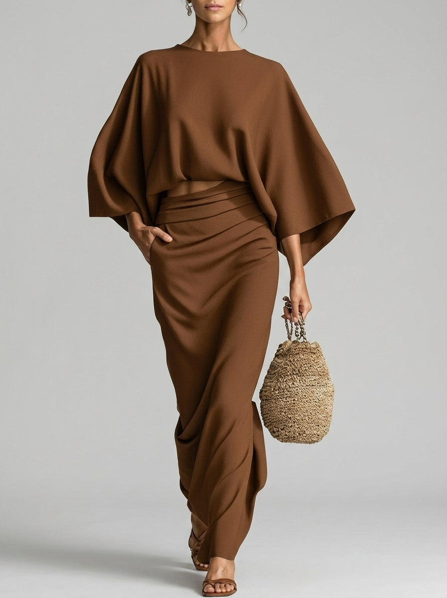 Thalia - Ensemble Coton-Lin Top Manches Chauve-souris & Jupe Longue