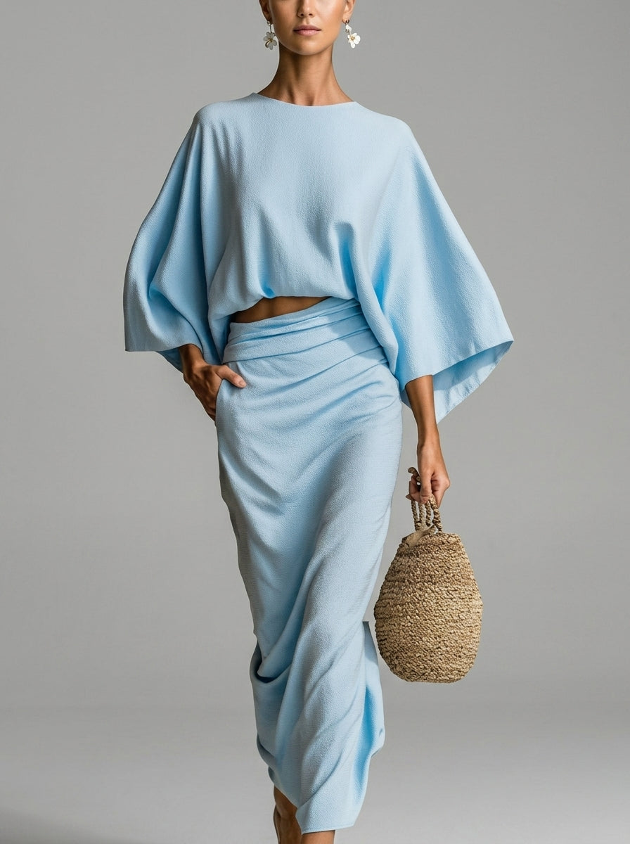 Thalia - Ensemble Coton-Lin Top Manches Chauve-souris & Jupe Longue