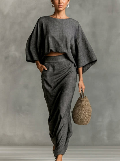 Thalia - Ensemble Coton-Lin Top Manches Chauve-souris & Jupe Longue