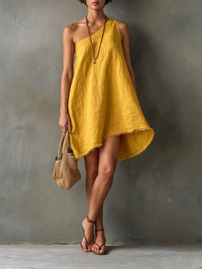 Nina - Robe Courte Asymétrique une Épaule en Lin