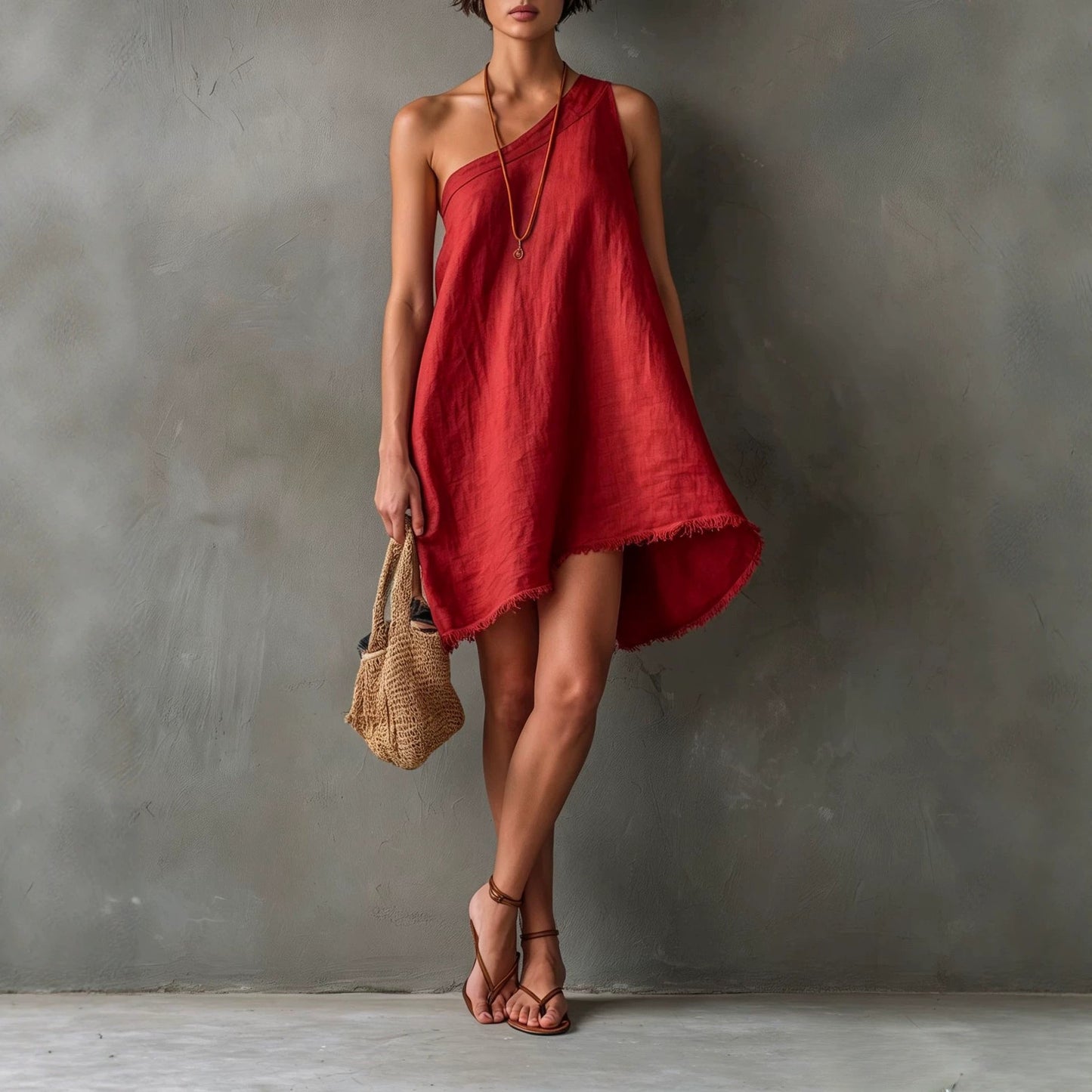 Nina - Robe Courte Asymétrique une Épaule en Lin